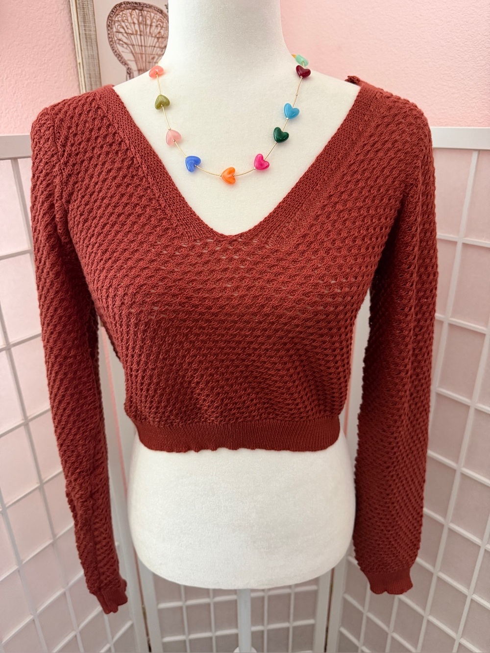 Lulus cropped, open-stitch V-neck sweater